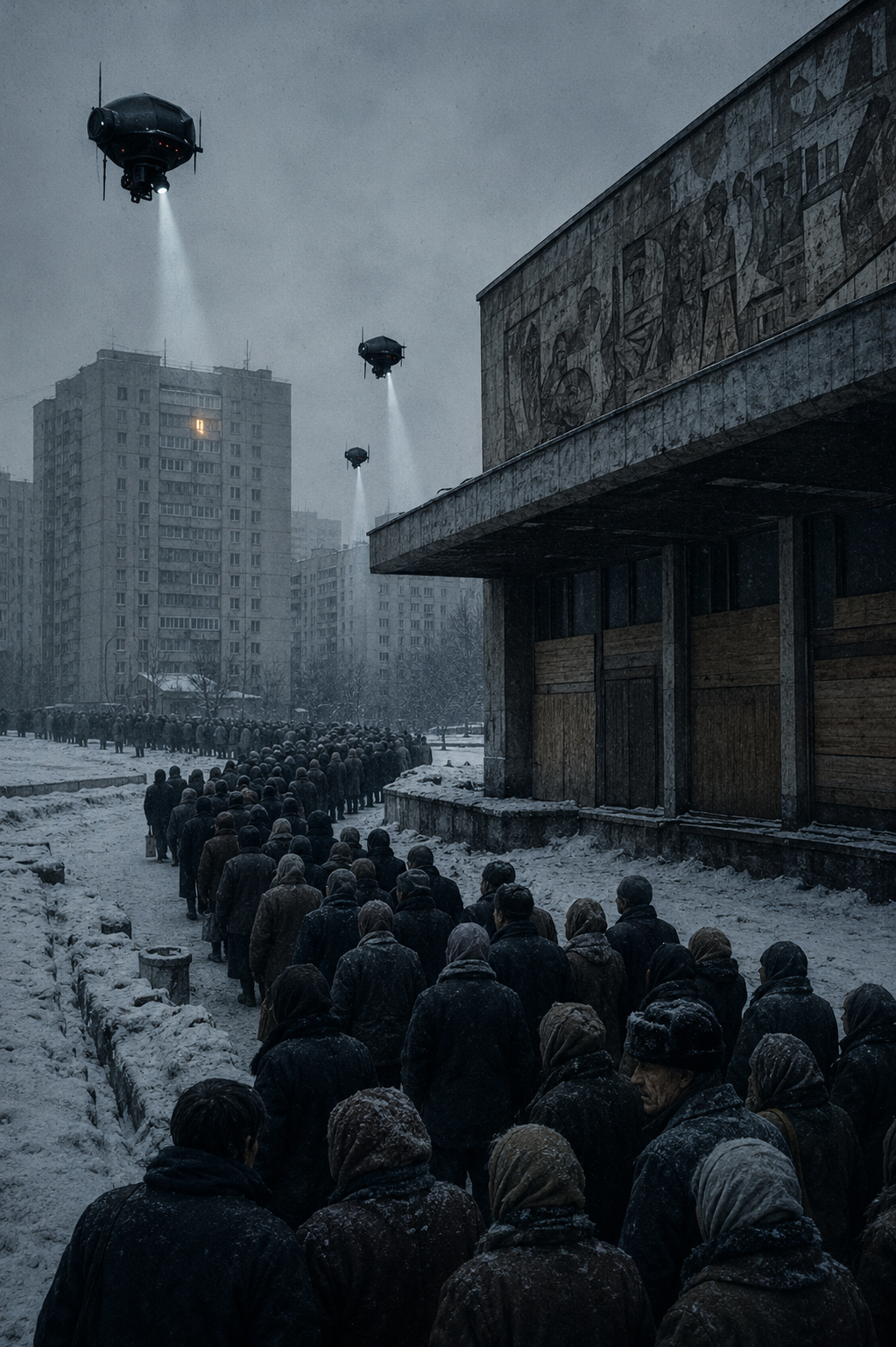 Очередь у заколоченного кинотеатра «Прогресс» под дронами